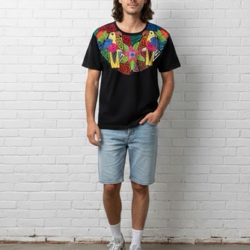 Vintage Panama Black Tropical T-Shirt Mens Medium Cotton Retro Kitsch Beach 90s